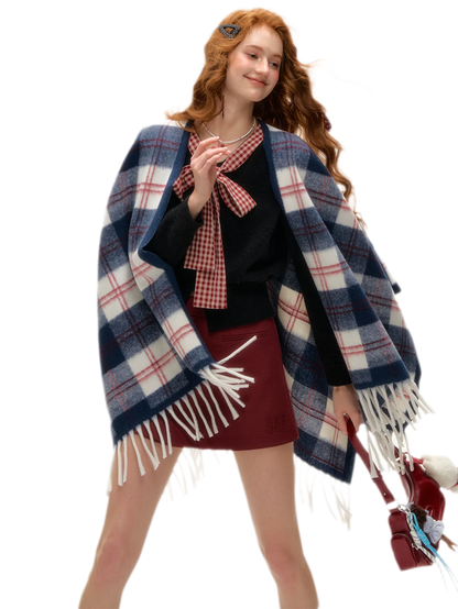 Vintage Plaid Fringed Shawl