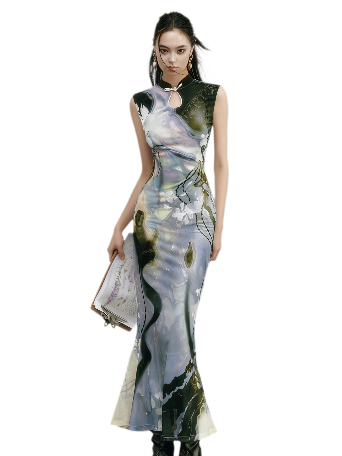 Black Rose Impressionist Print High-Waist Mermaid Dress