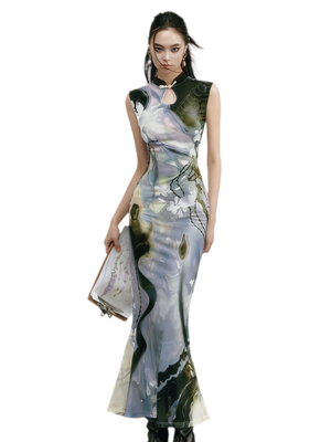 Black Rose Impressionist Print High-Waist Mermaid Dress