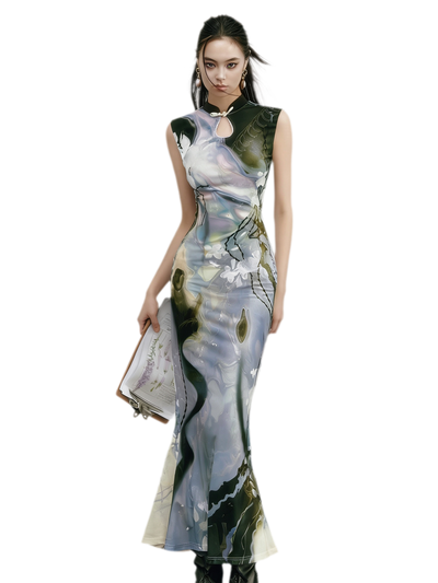 Black Rose Impressionist Print High-Waist Mermaid Dress