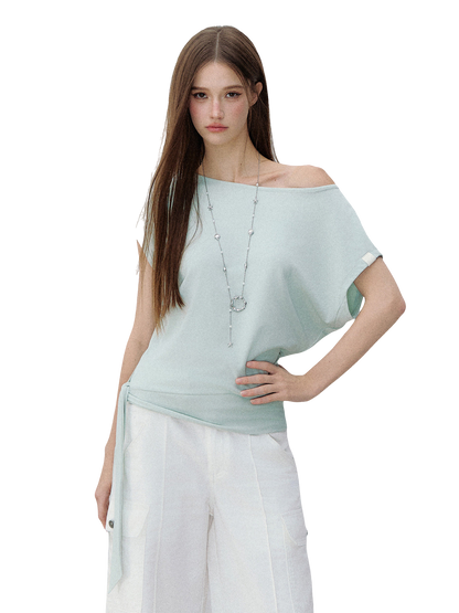 Asymmetric One-Shoulder Tie Detail Cutout Short Sleeve T-Shirt