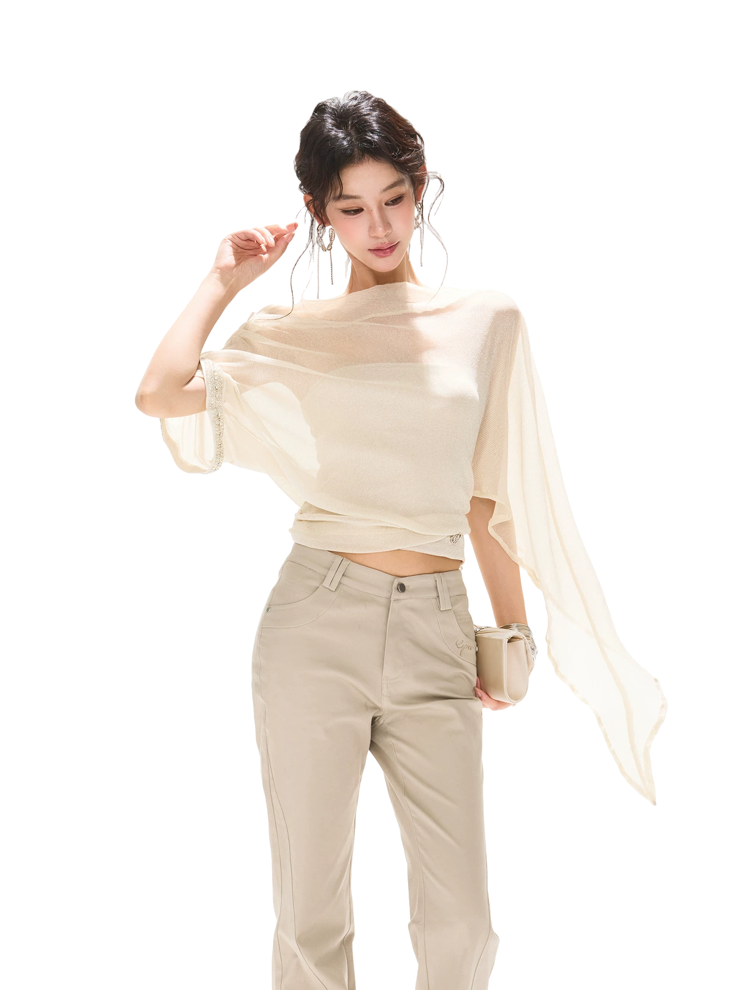 Silver Mesh Beaded Batwing Sleeve Top