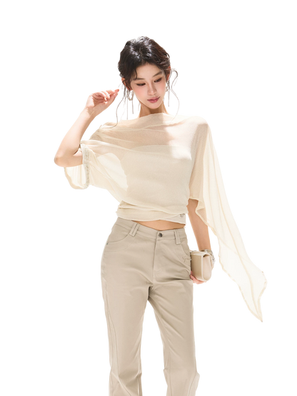Silver Mesh Beaded Batwing Sleeve Top