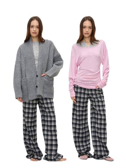 Brushed Plaid Wide-Leg Pants