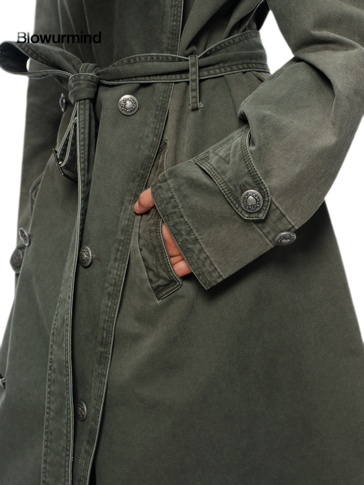 Washed Military Green Trench Coat