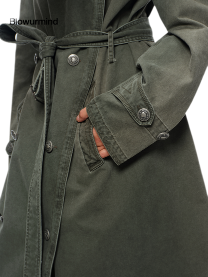 Washed Military Green Trench Coat