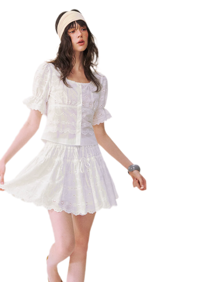 Eyelet Embroidered Top &amp; Skirt Set