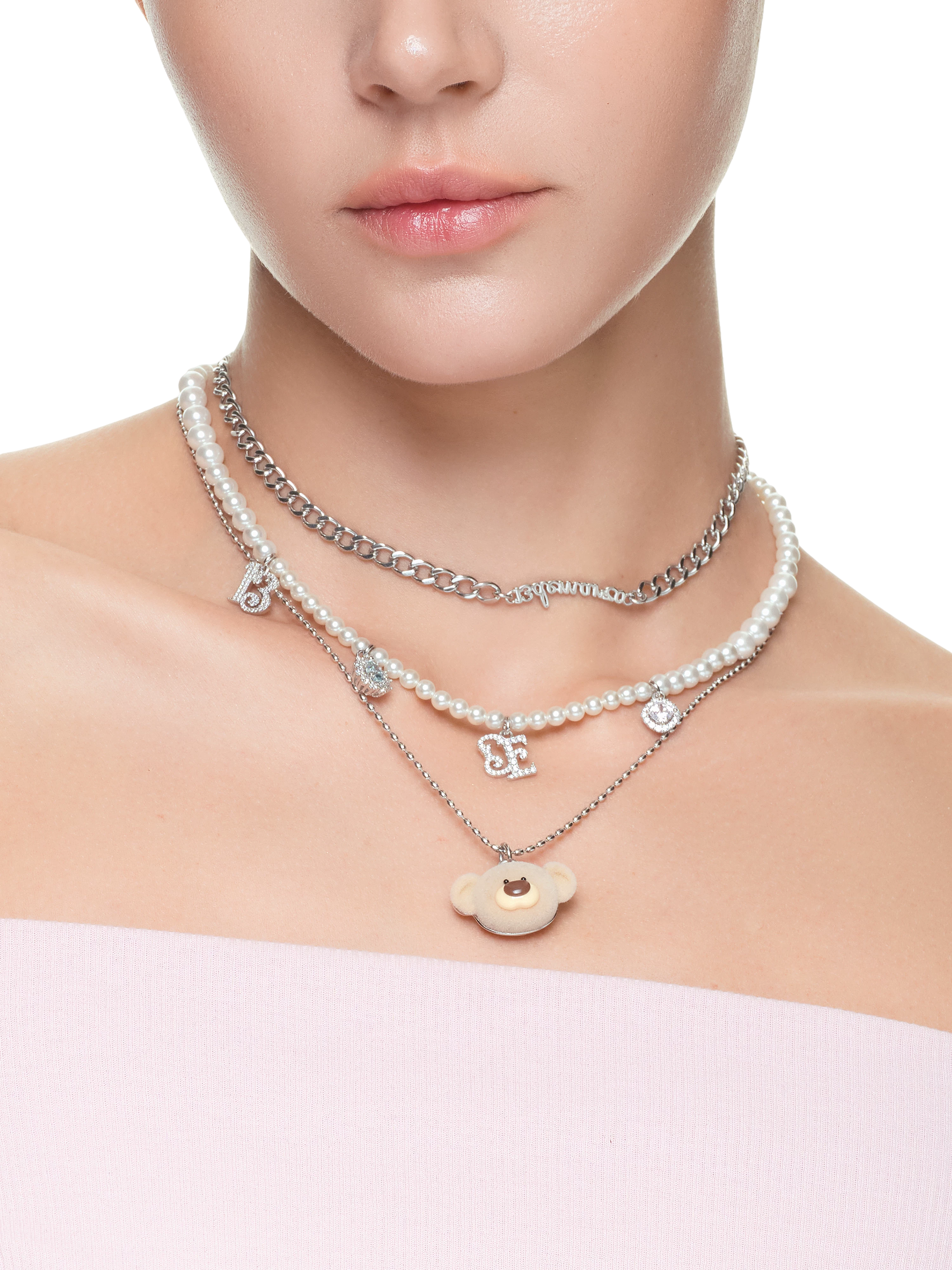 Layered Bear Pendant Necklace in Silver