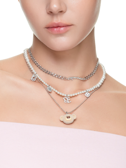 Layered Bear Pendant Necklace in Silver
