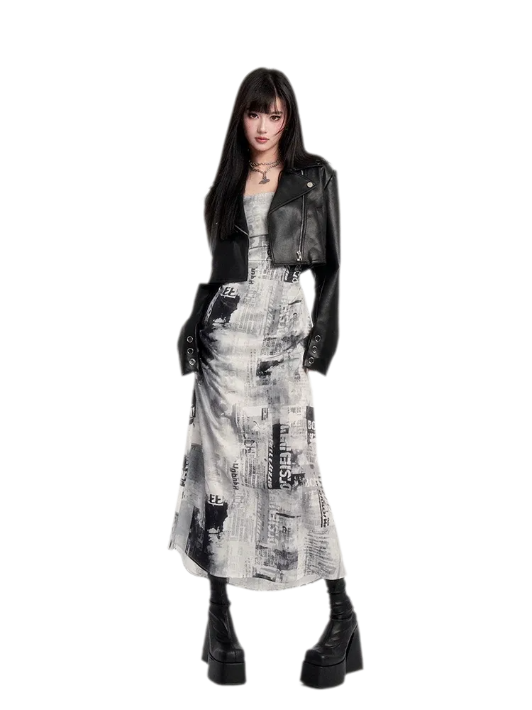 Newspaper Print Ruched Maxi Dress