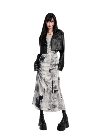 Newspaper Print Ruched Maxi Dress