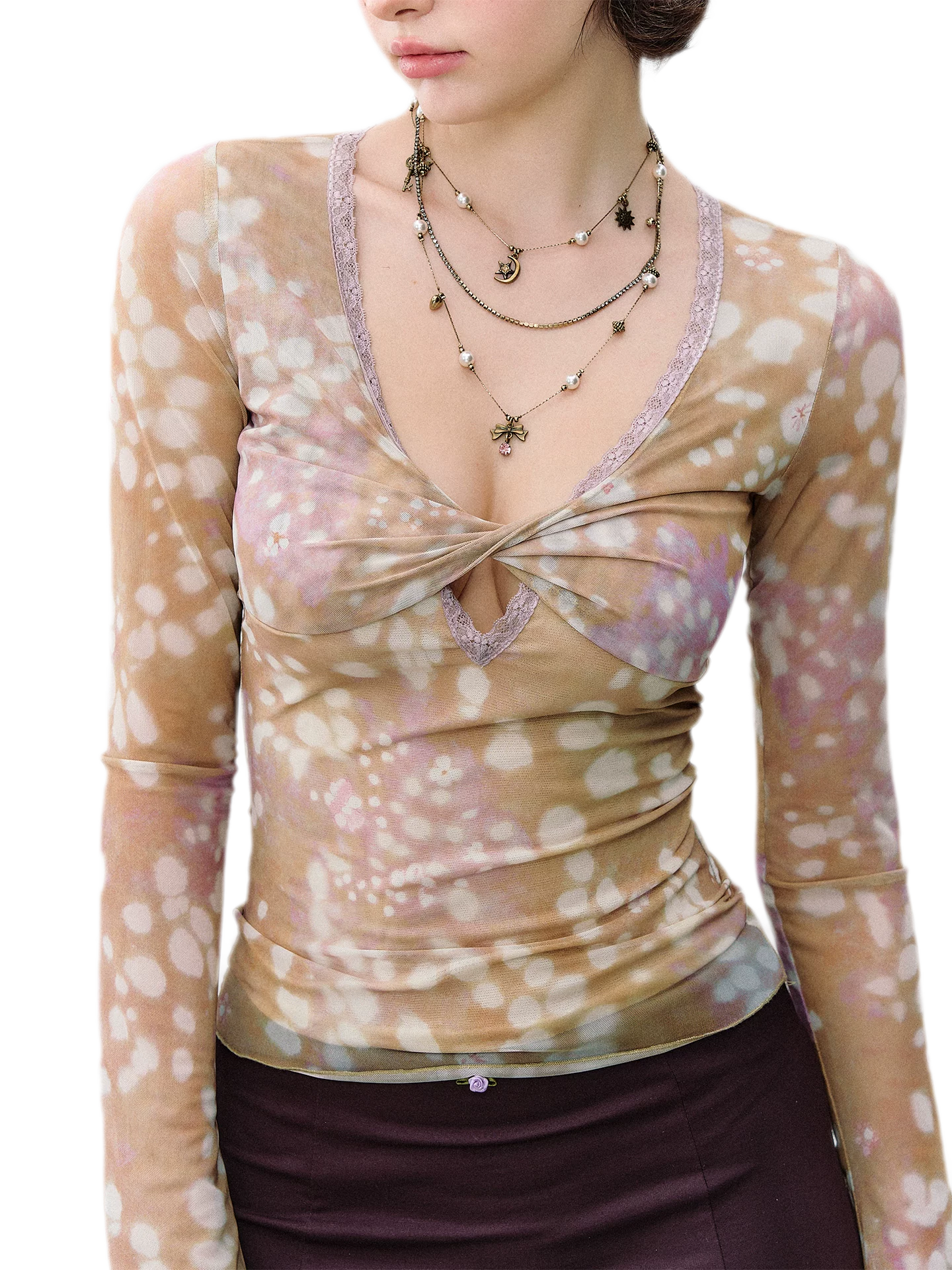 Deer Print Lace Mesh Top