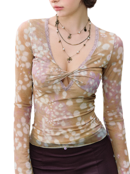 Deer Print Lace Mesh Top
