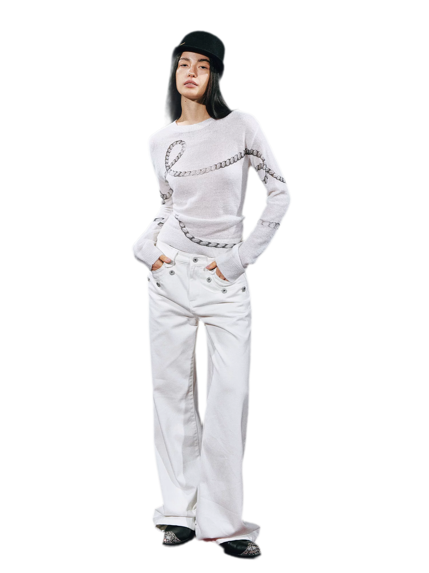 Mohair Wool Sweater with Irregular Chain Print