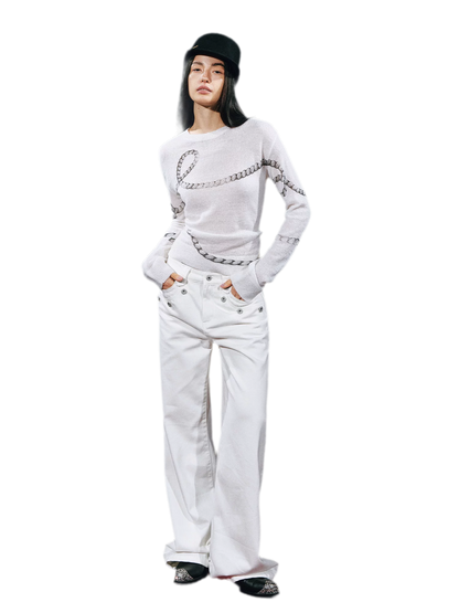 Mohair Wool Sweater with Irregular Chain Print