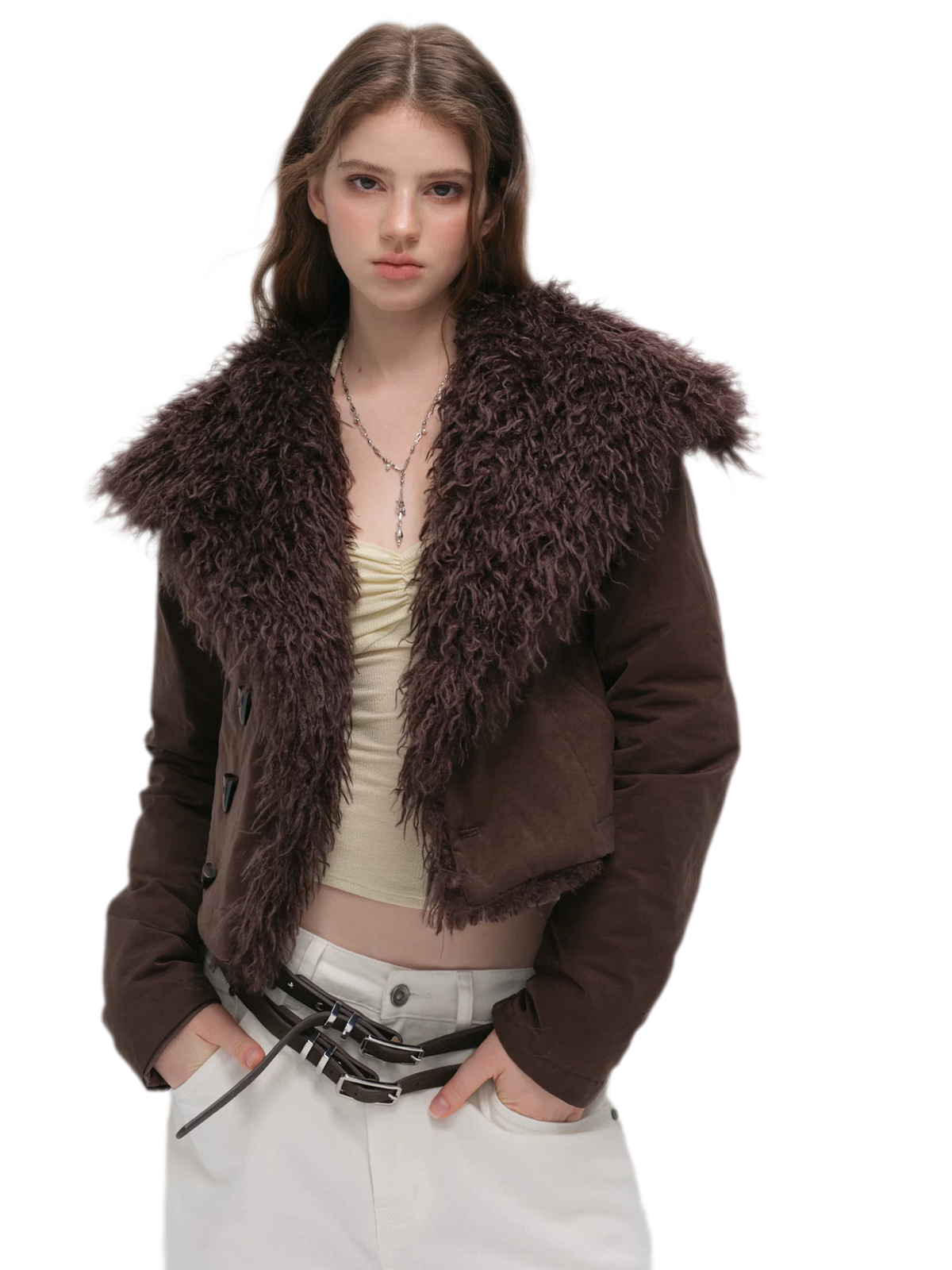 Textured Fur Collar Cropped Jacket