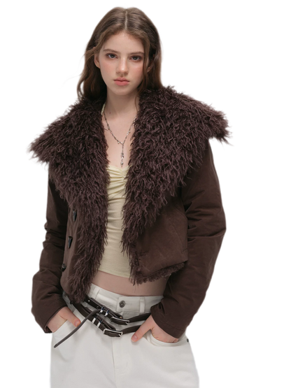 Textured Fur Collar Cropped Jacket