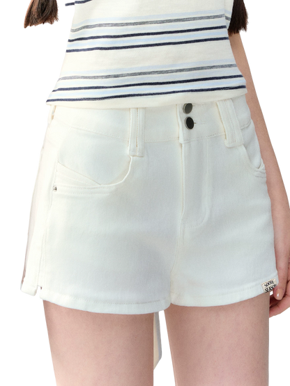 White Korean Casual High-Waist Denim Shorts