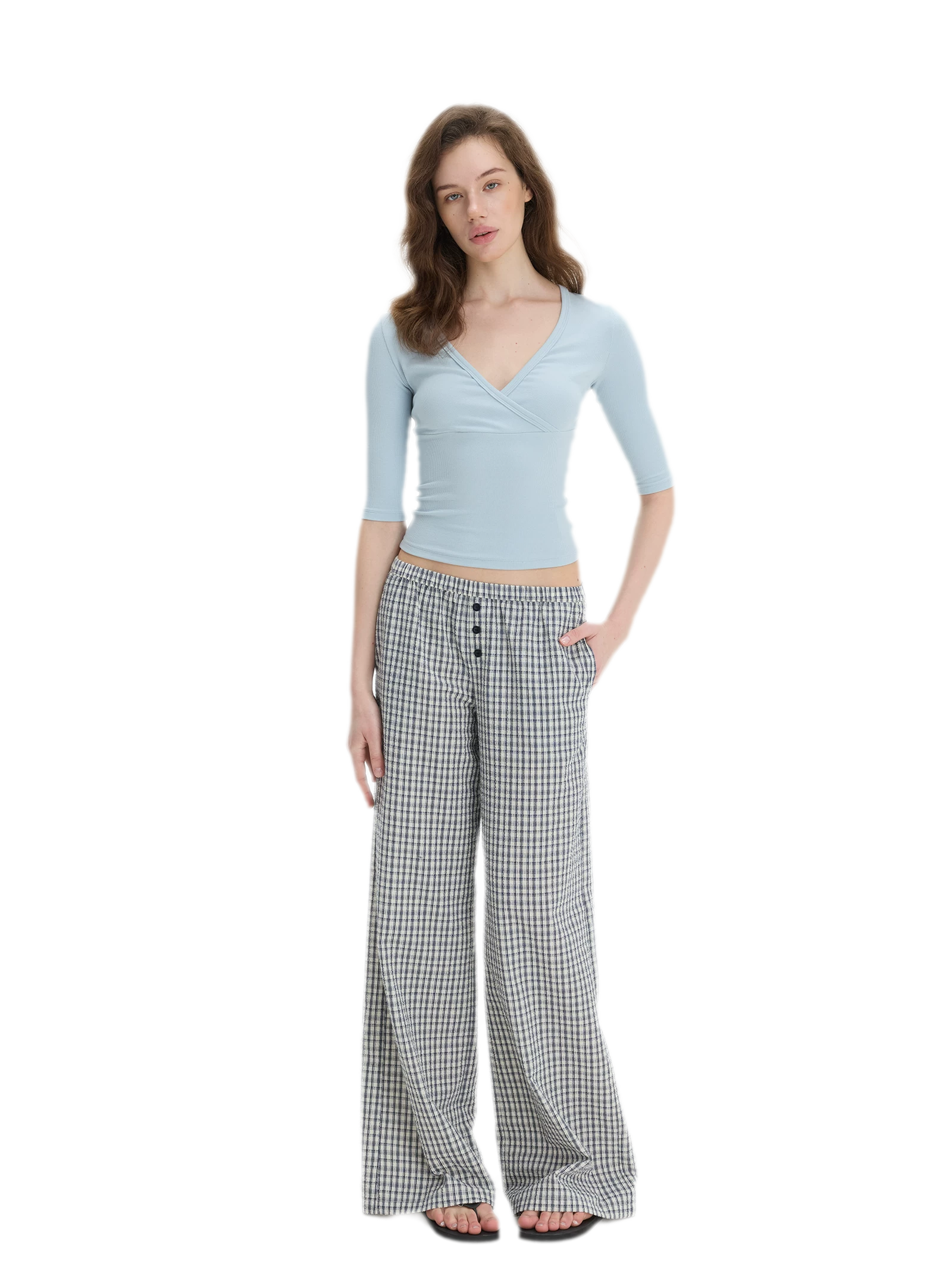 Textured Check Wide-Leg Trousers