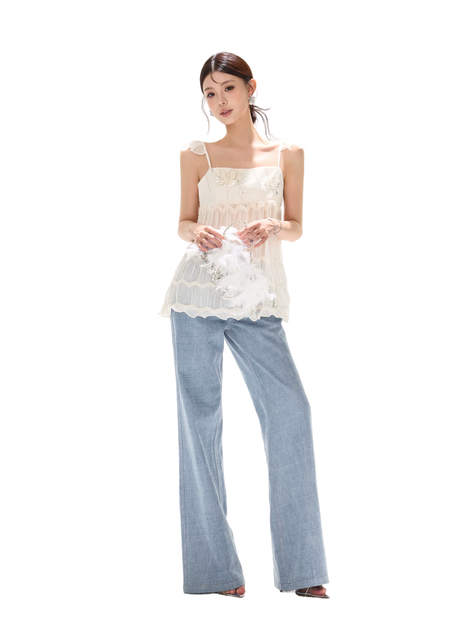 90s Vintage Washed Metal Button Wide-Leg Denim Pants
