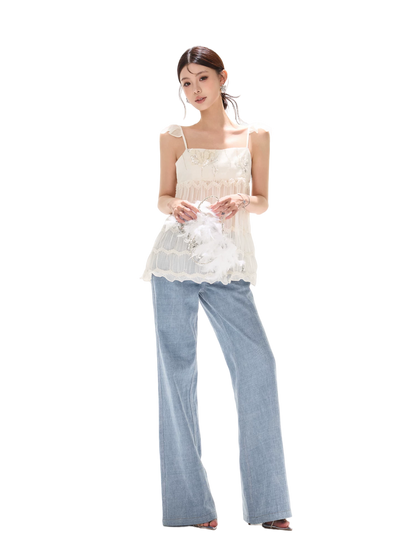90s Vintage Washed Metal Button Wide-Leg Denim Pants