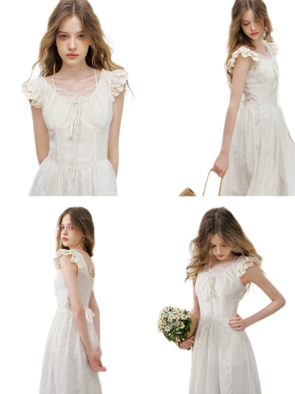 Embroidered Flutter Sleeve Dress