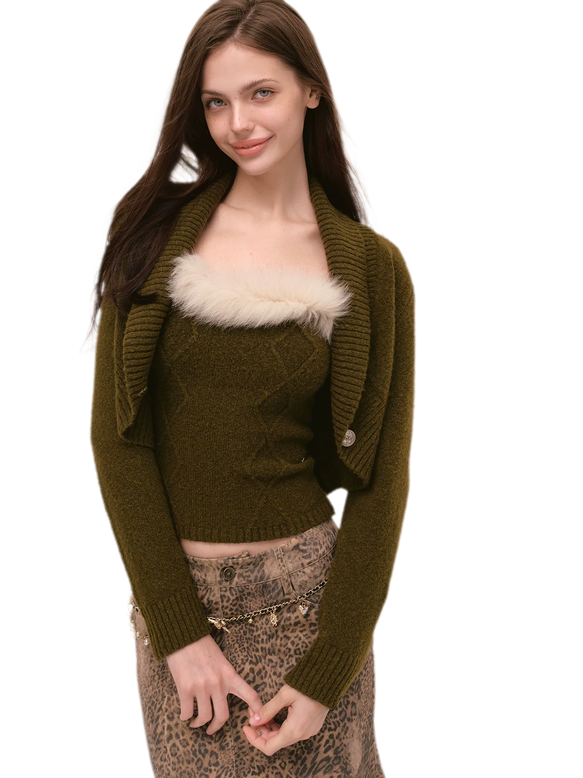 Ensemble tricoté en fourrure de renard à motif losanges
