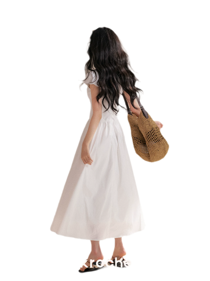 Knot Design French Lace Puff Sleeve A-Line Dress