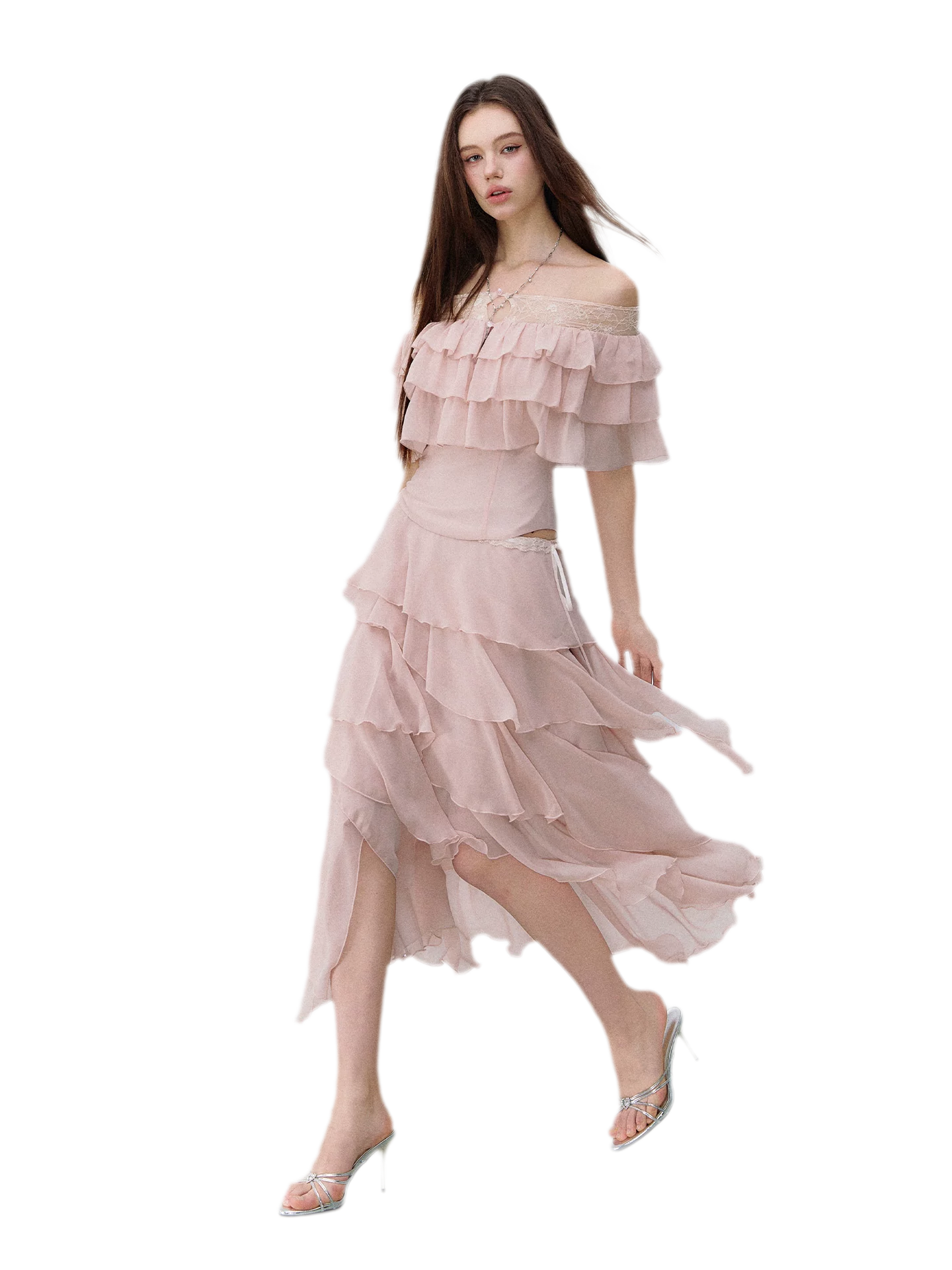 Layered Chiffon Lace Off-Shoulder T-Shirt