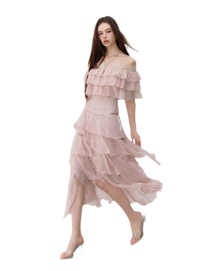 Layered Chiffon Lace Off-Shoulder T-Shirt