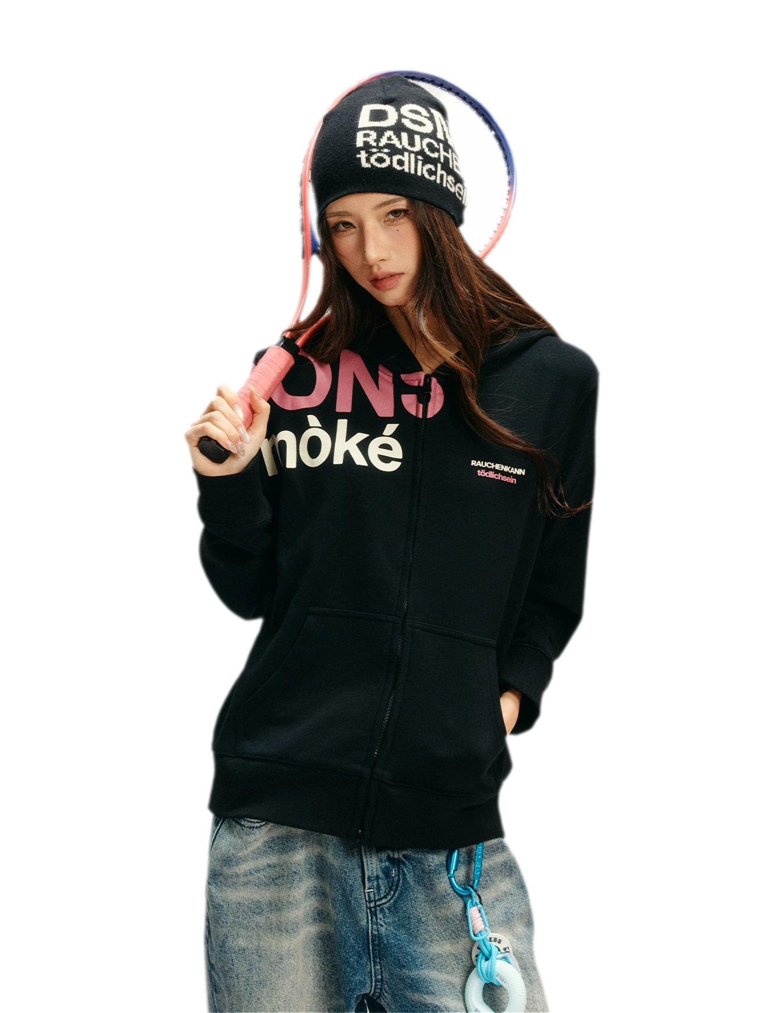 Contrast Slogan Zip Hoodie