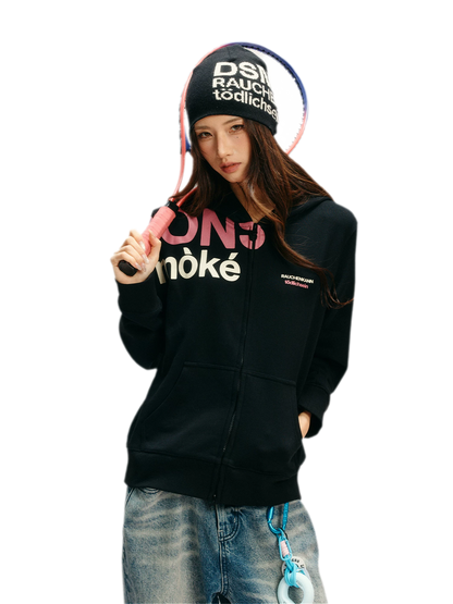 Contrast Slogan Zip Hoodie