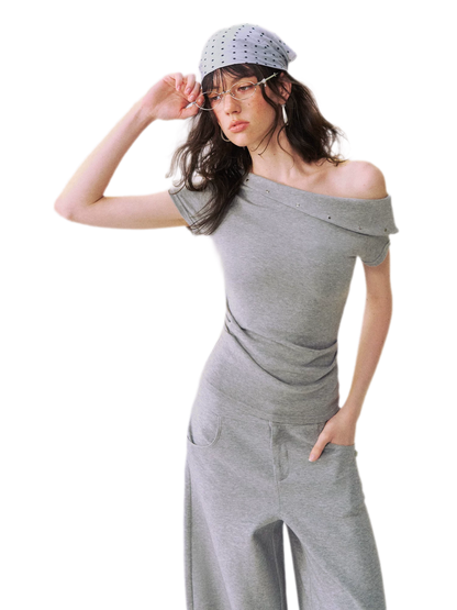 Asymmetric Off-Shoulder Tee Pants Set