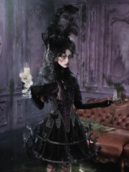 Chân váy dạ hội gothic xếp tầng đính hạt cườm