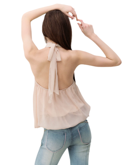 Sleeveless Chiffon Tie-Neck Waist Shirt