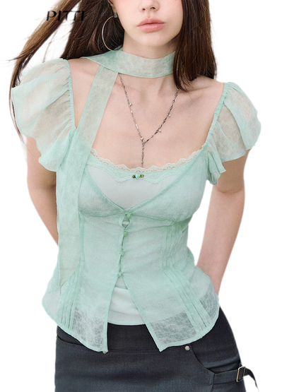 Tie-Dye Chiffon Ribbon-Neck Blouse