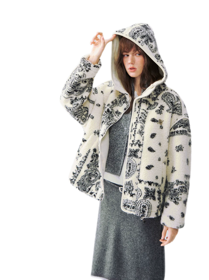 Jacquard Plush Fleece Hooded Jacket