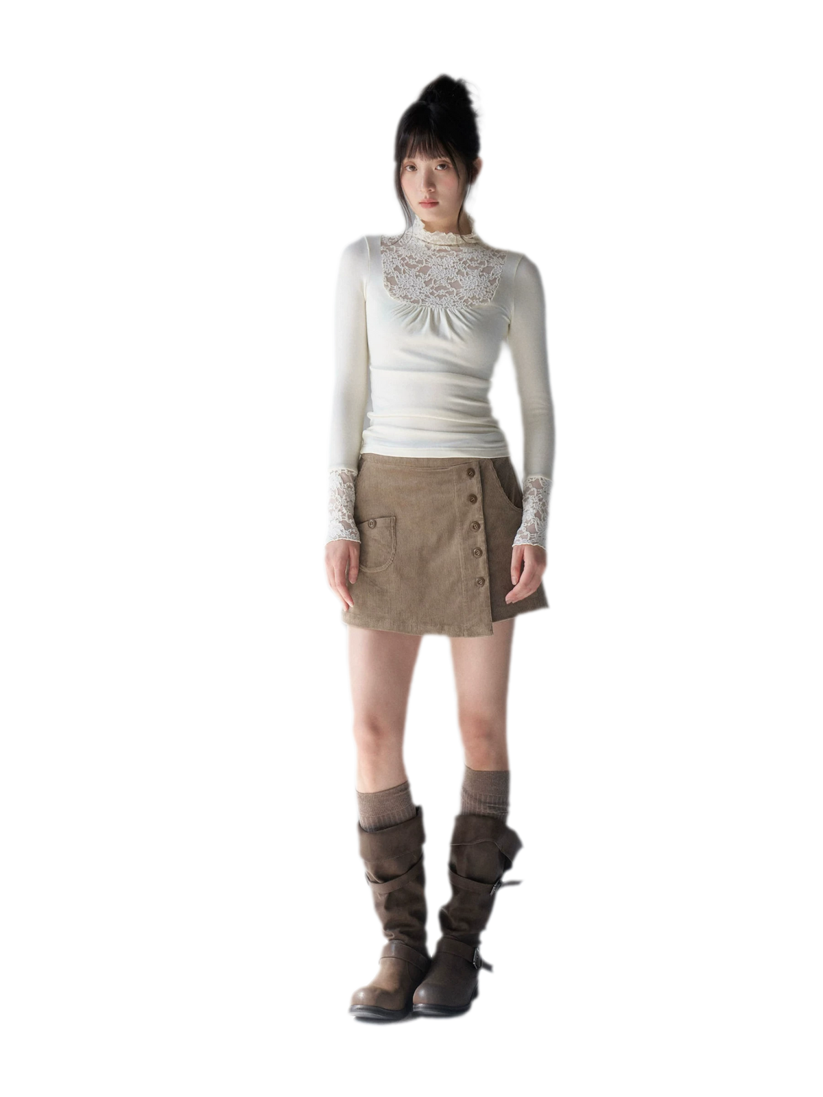 Lace Yoke Ruched Fitted Top