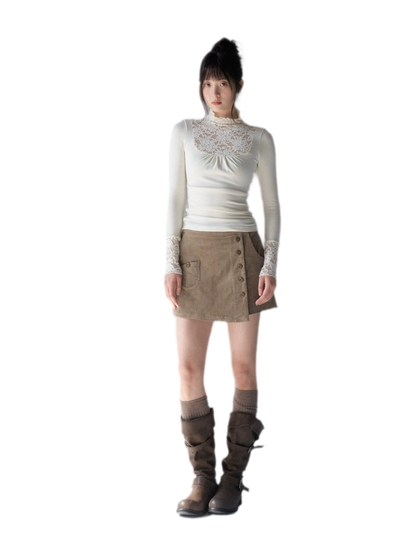 Lace Yoke Ruched Fitted Top