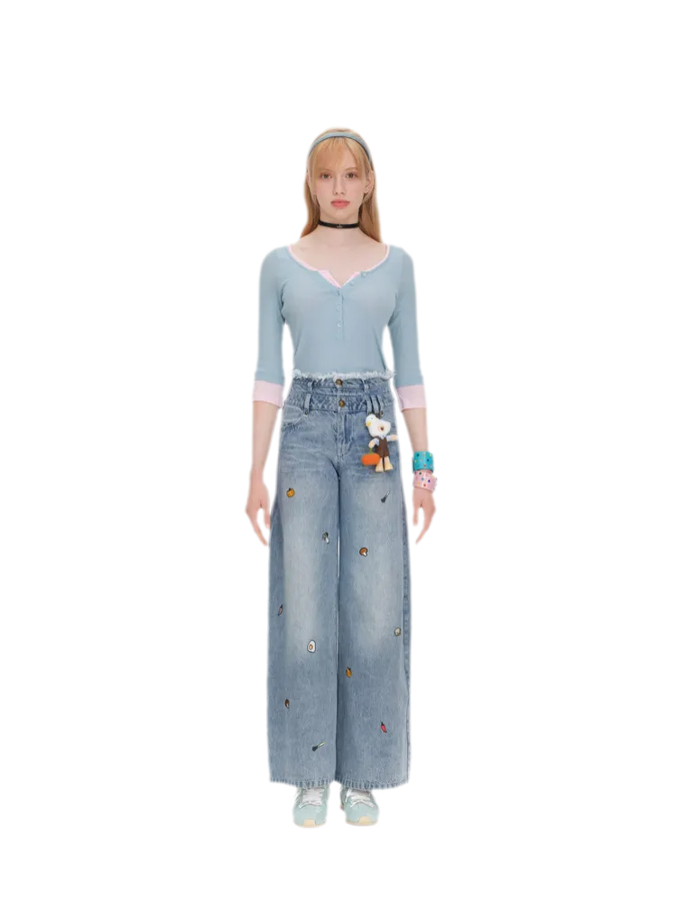 Diagonal Twill Double-Waist Jeans