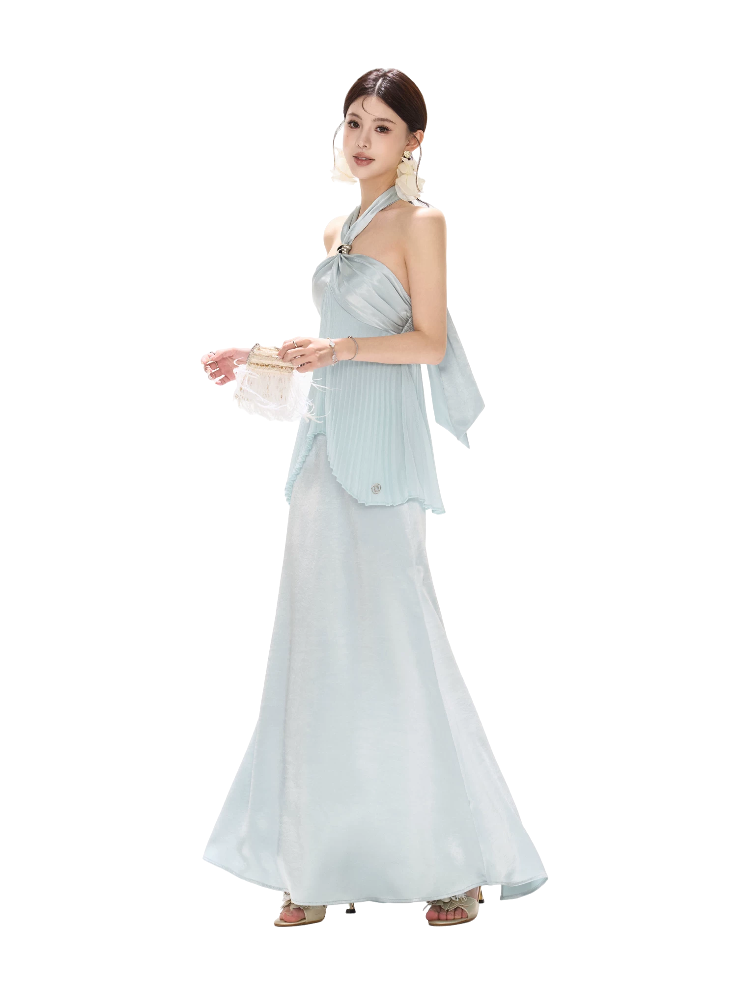 Misty Blue Pleated Halter Satin Long Dress