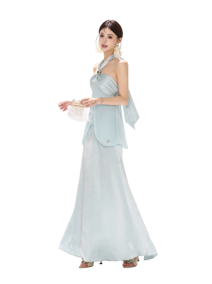 Misty Blue Pleated Halter Satin Long Dress