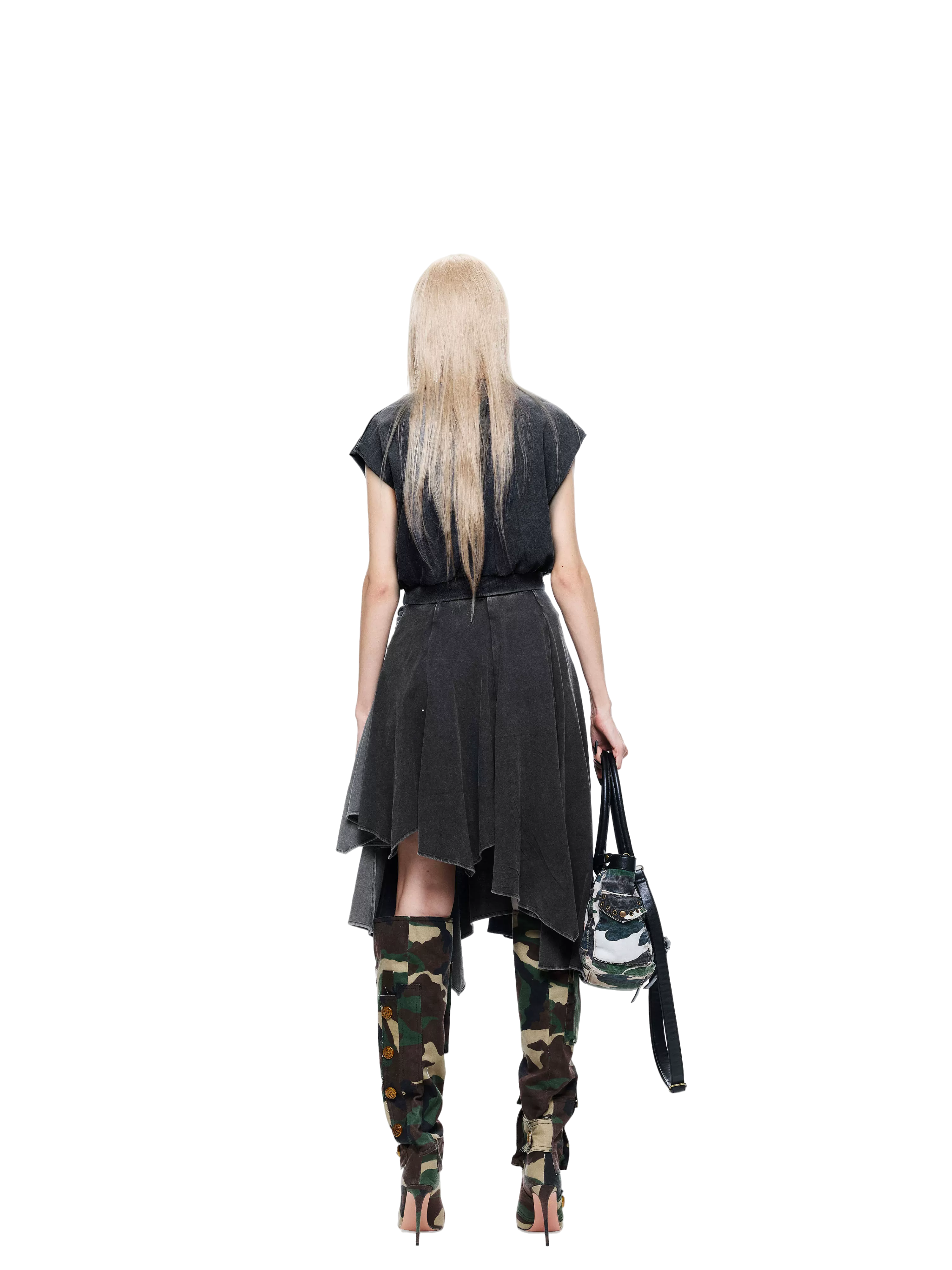 LTD Washed Blue Asymmetric Printed Skirt