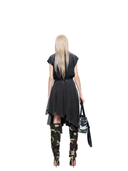 LTD Washed Blue Asymmetric Printed Skirt