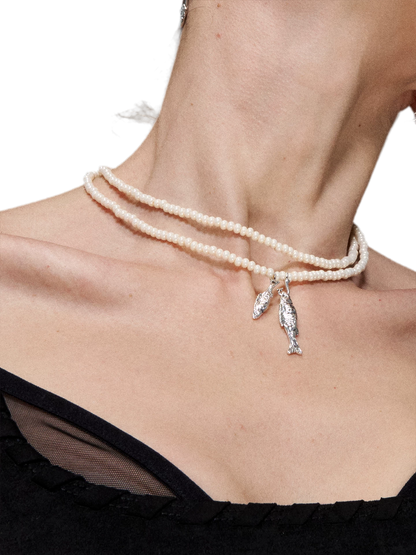 Double-Layer Beaded Fish Pendant Necklace