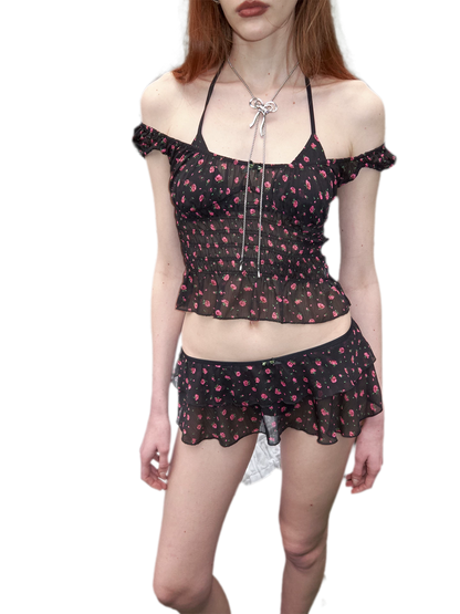 Black Floral U-Neck Three-Piece Bikini Set