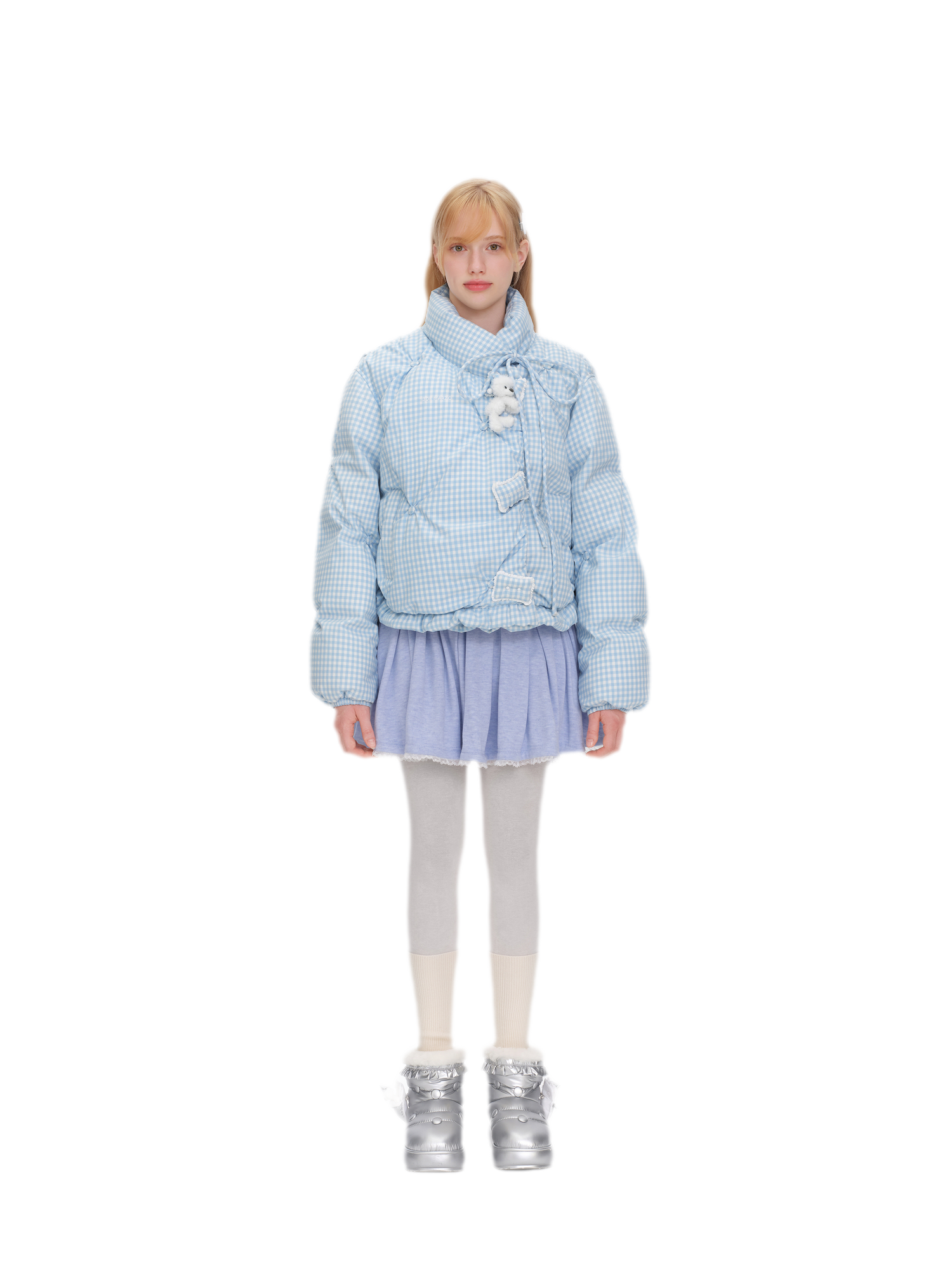 Gingham Puffy Stand-Collar Down Jacket