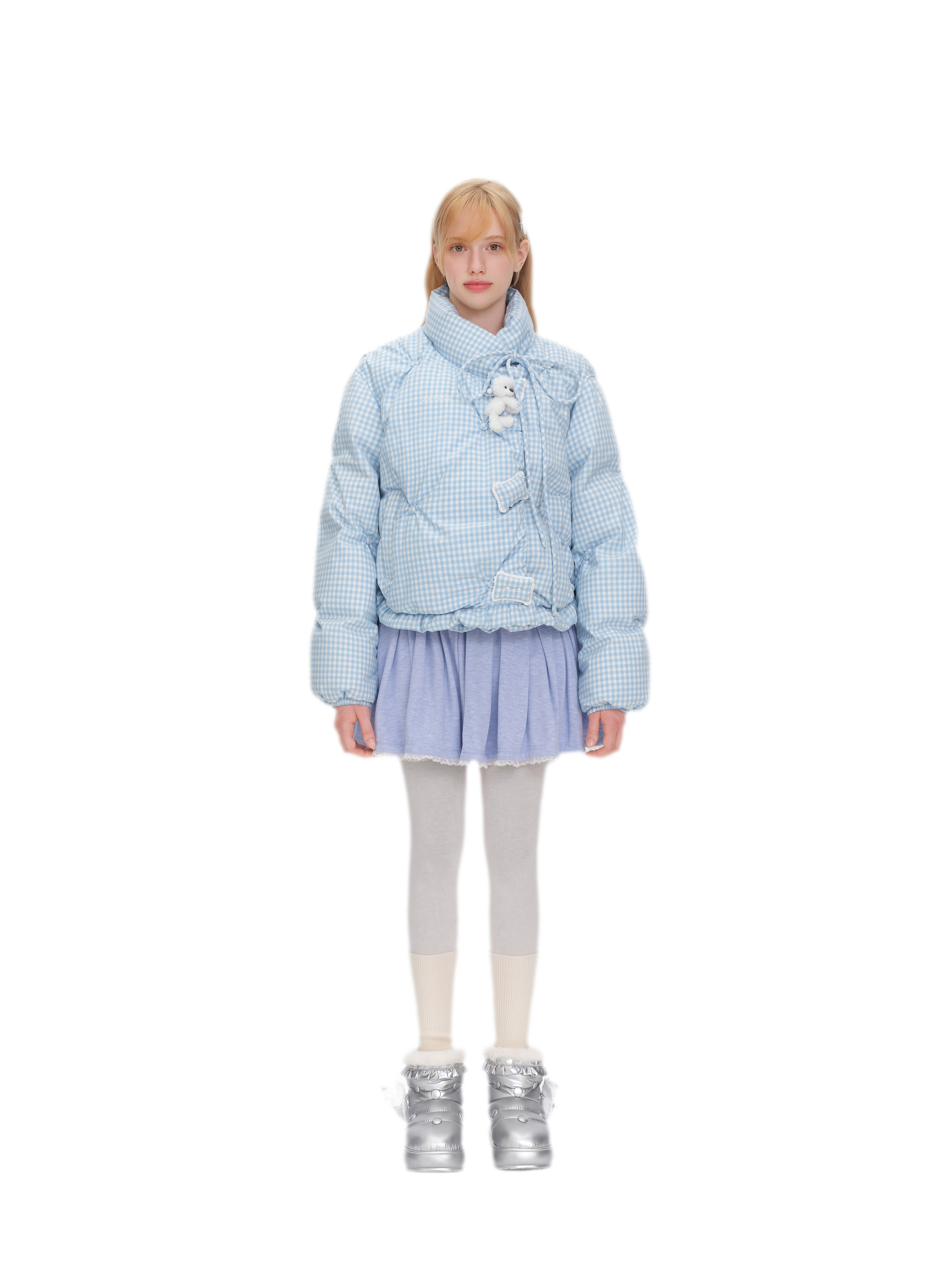 Gingham Puffy Stand-Collar Down Jacket