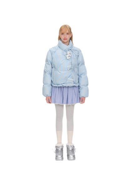 Gingham Puffy Stand-Collar Down Jacket