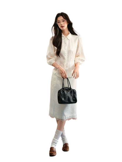 Linen Bubble Sleeve Top Skirt